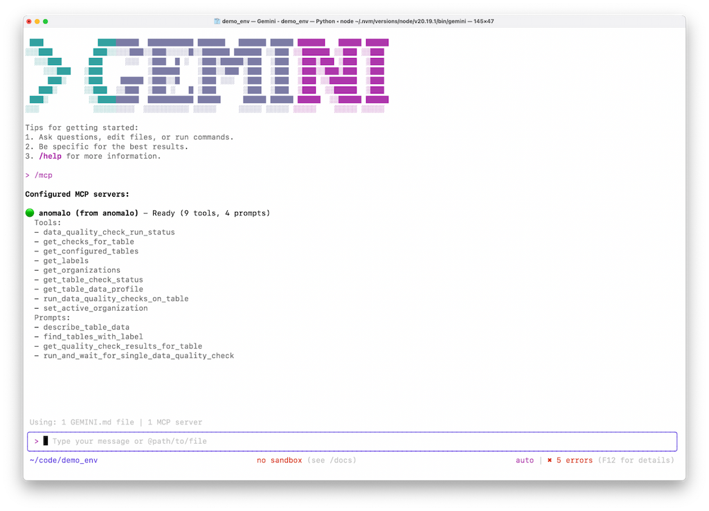 Configuring the Anomalo data quality extension for Gemini CLI
