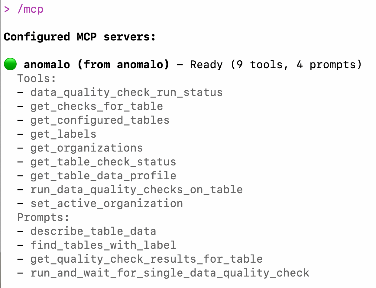 Sample list of tools and prompts available through the Anomalo data quality extension for the Gemini CLI