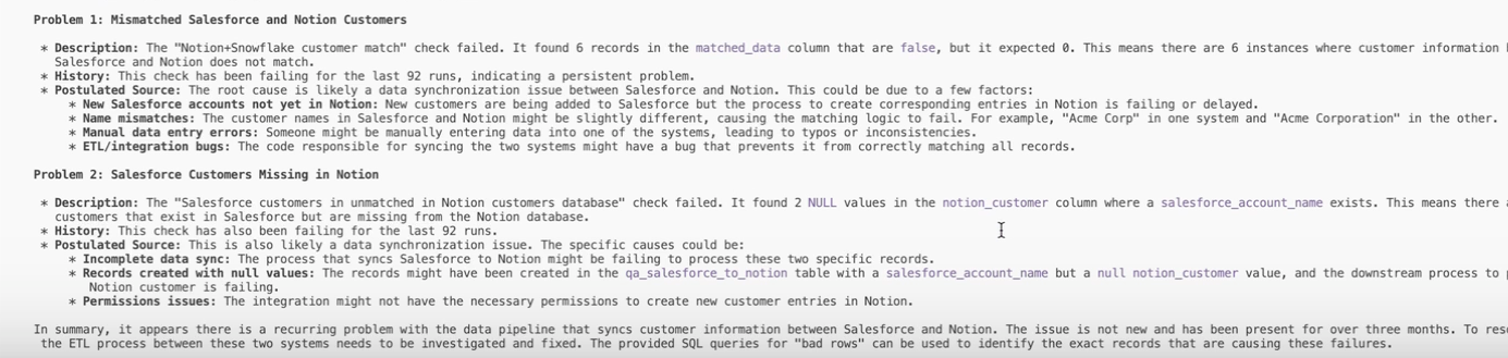 Sample findings from a conversation through the Anomalo data quality extension for Gemini CLI